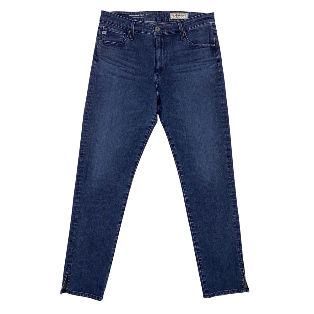 AG Stevie Ankle High Rise Slim Straight Jeans Womens 31 Dark Wash Blue Slit Hem